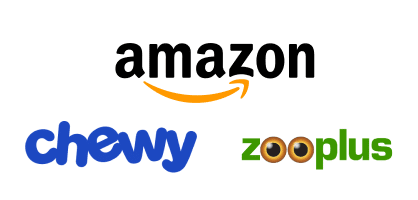Logos of key e-commerce partners like Amazon, Chewy, and Zooplus, demonstrating our high-volume supply capability for online retailers.