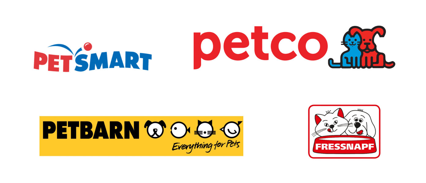 Logos of prominent partner brands in the pet retail chain sector, including Petsmart and Petco, sourcing factory-direct pet bedding from us.