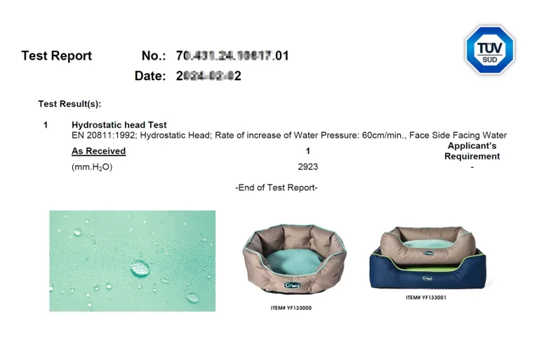 waterproof dog bed hydrostatic test report