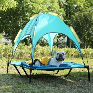 Weatherproof outdoor raised cooling dog bed frame with textilene breathable mesh mesh.