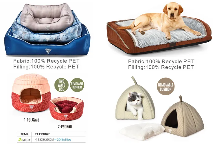 Choosing a GRS Certified Pet Bed Supplier – Four styles of GRS certified recycled fabric dog beds, top version with 100% RPET fabric and filling