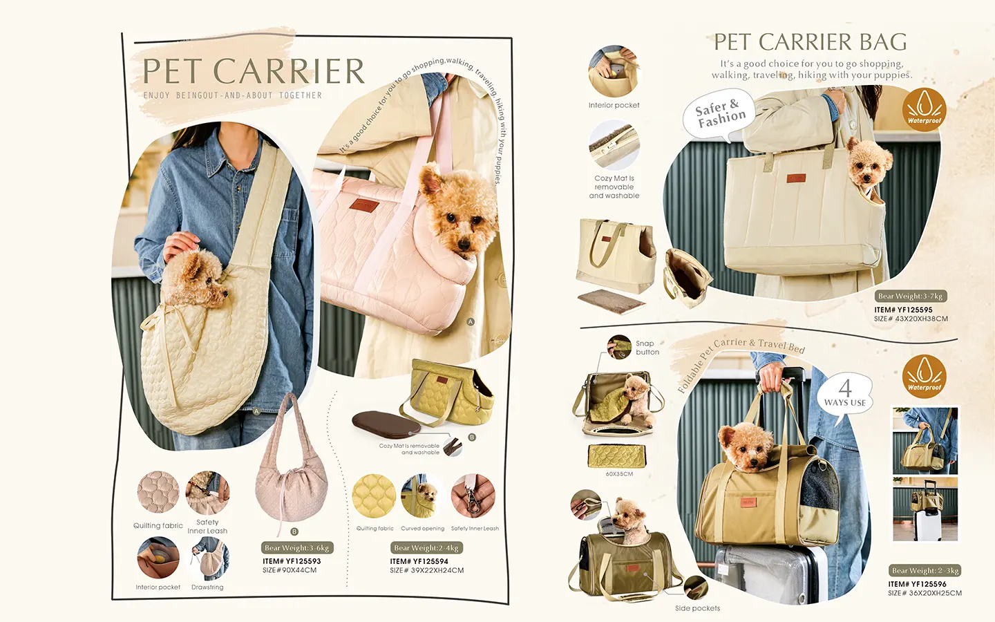 Premium quilted pet carrier bag with handles and stable bottom panel for wholesale lifestyle brands.
