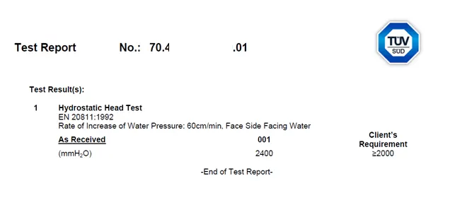 Waterproof Dog Bed Passed TUV Hydrostatic Head Test Result Over 2000mm H2O