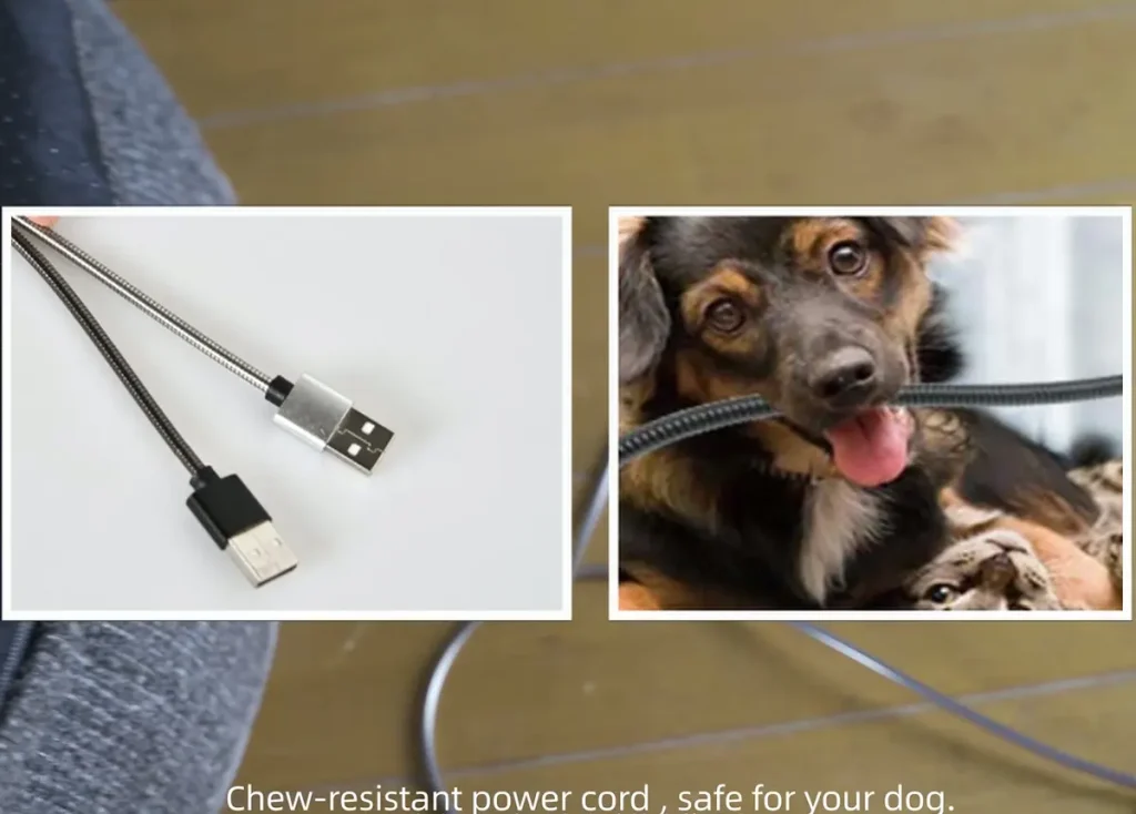 Safety features including an anti-bite stainless steel chew-resistant cord casing for private label warming cat beds.