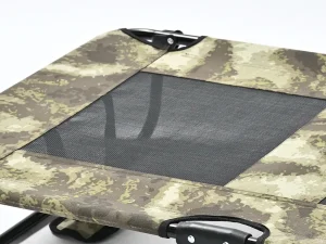 Outdoor dog bed with breathable mesh center panel for improved airflow, cooling comfort and outdoor durability