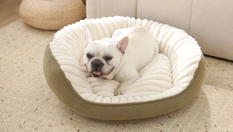 Cloud soft bunny plush bolster dog bed with thick stripe faux rabbit fur