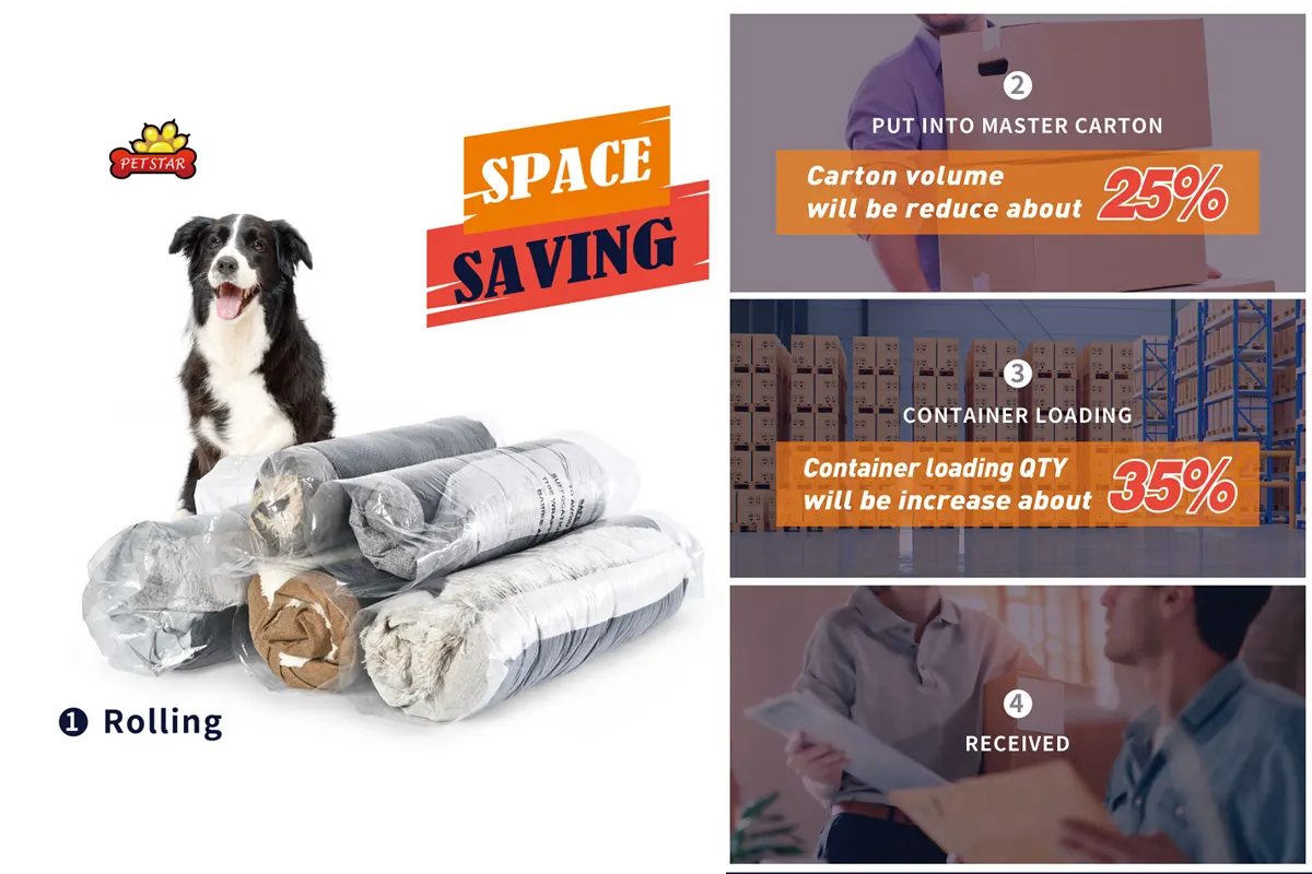 Roll packing for donut dog bed with 30-60 percent CBM volume reduction for container loading