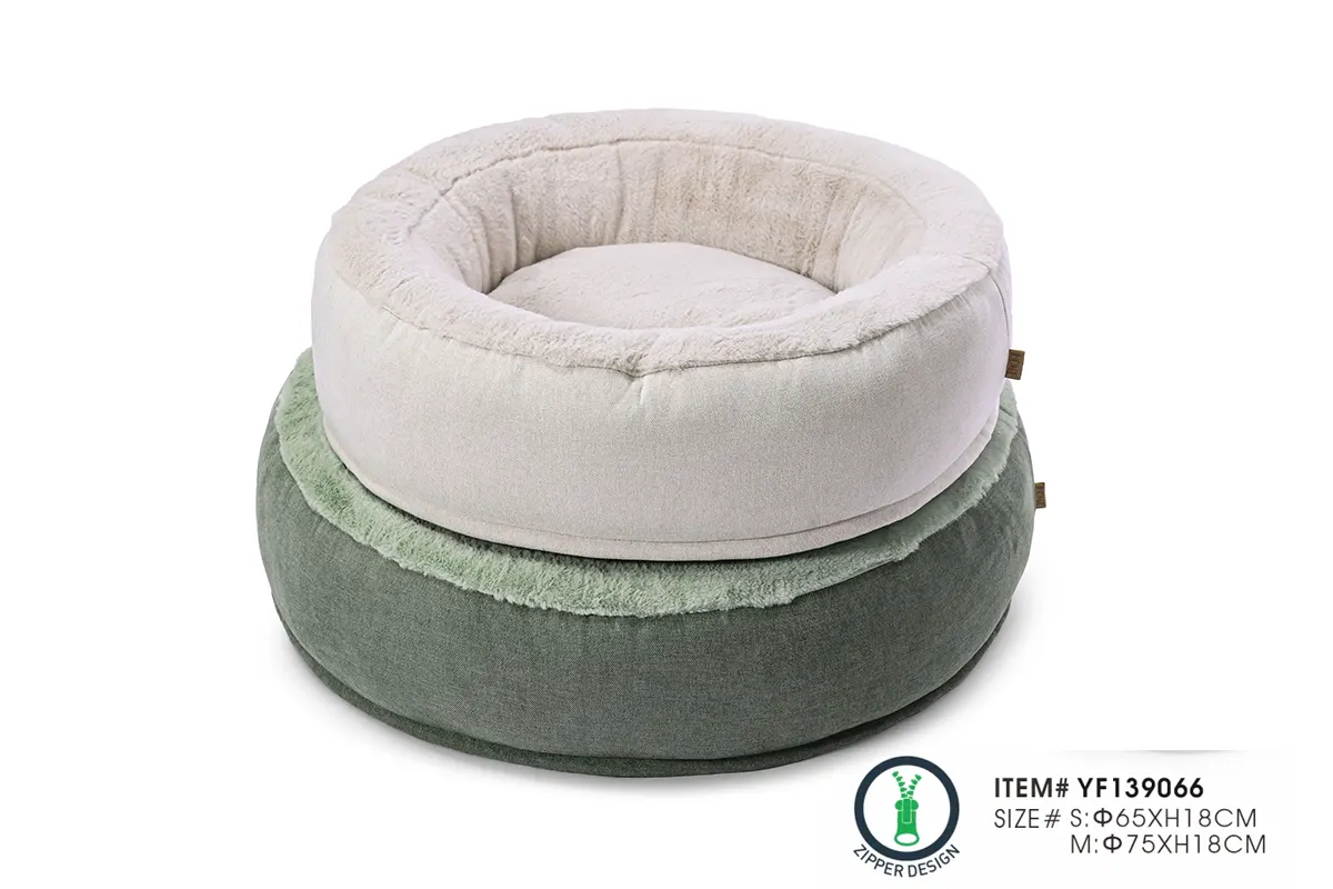 Luxury donut dog bed collection with faux linen and faux rabbit fur premium fabrics
