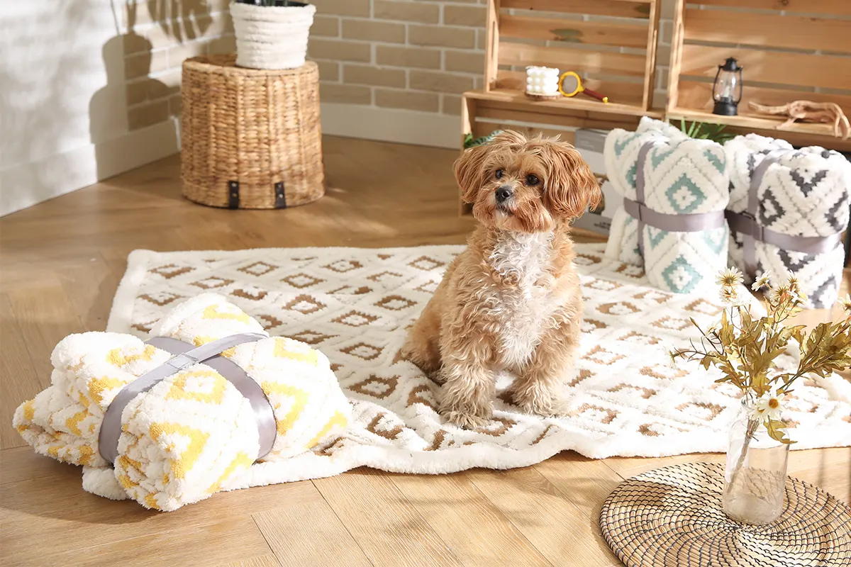 Sherpa fleece dog blanket fabric close-up showing deep curled pile