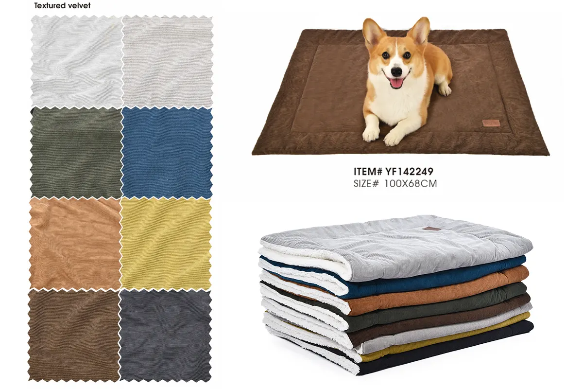 Textured velvet dog blanket fabric with leather logo patch