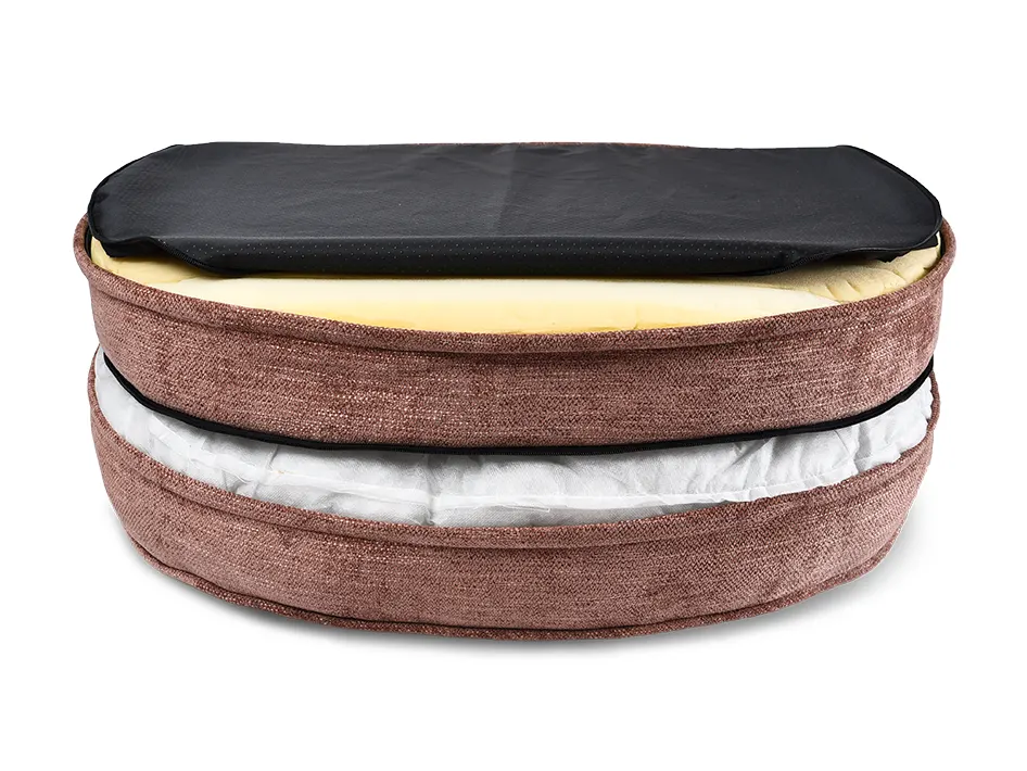 Layer breakdown of an oversize large dog bed showing face fabric, foam core, bolster channel, seam system and anti-slip base