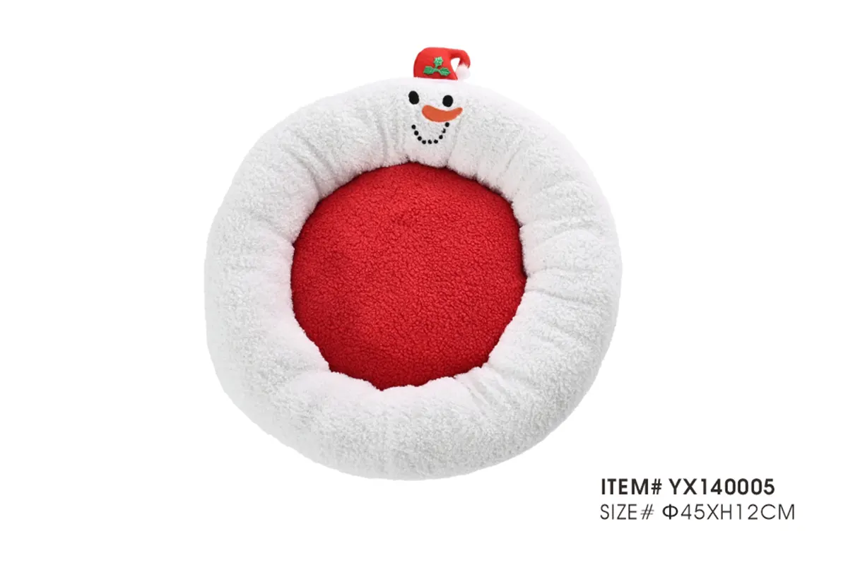 Custom round Christmas pet beds with decorative holiday elements