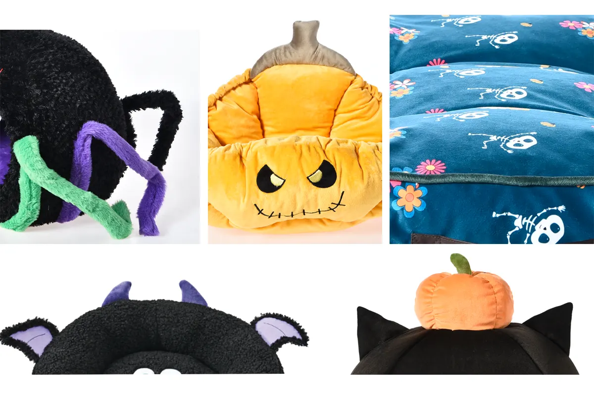 Halloween pet bed design details including wings horns teeth and printed fabric