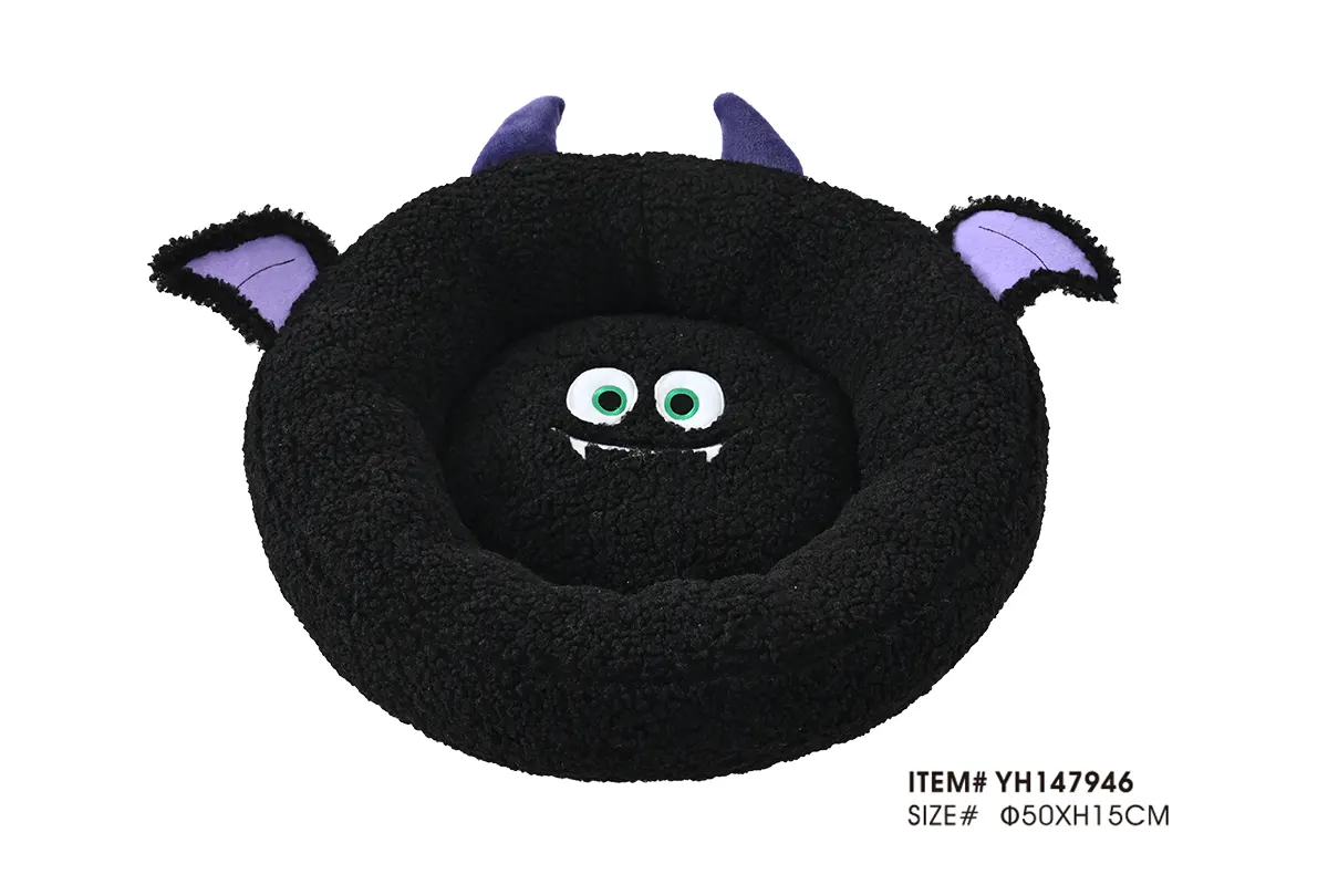 Custom round Halloween pet beds with horns wings and seasonal details