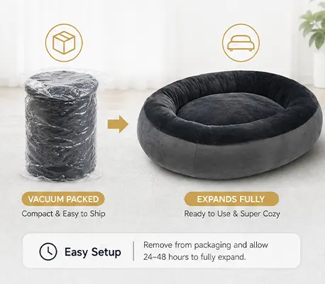 Vacuum compression packing for large dog beds before cartoning