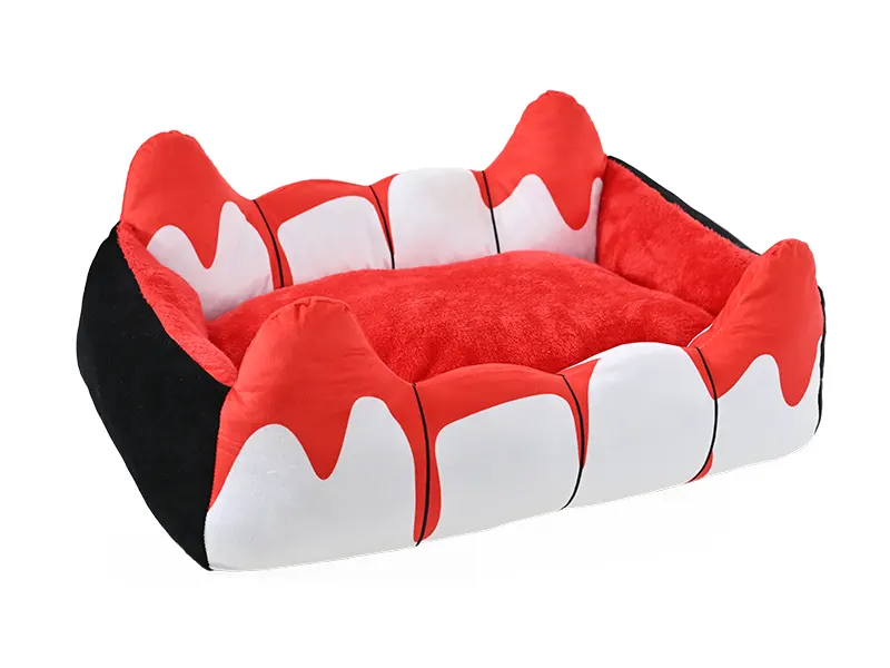 YH147945 Halloween square pet bed with pointed side details and printed short plush