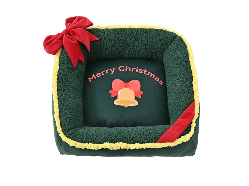 YX148061 Christmas bow bolster pet bed with gold piping